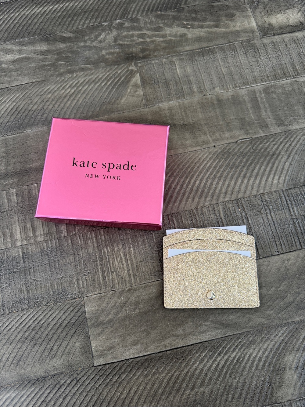 kate spade Gold Glitter Cardholder with Pink Box